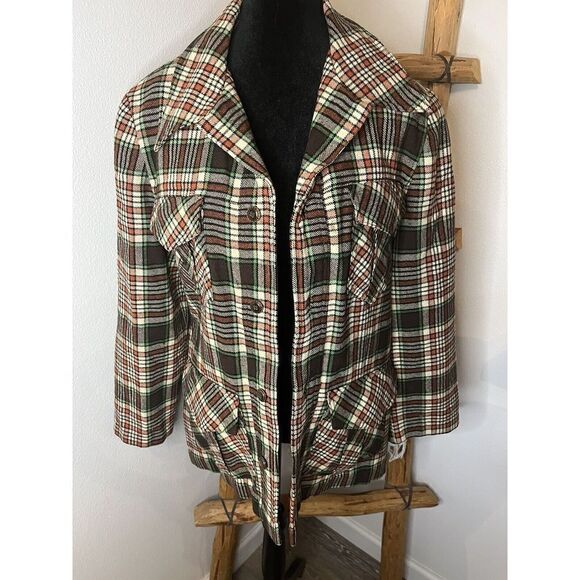 Vintage 70’s Wool Plaid Jacket/Blazer Brown/Cream/Orange/Green Fall Women’s L - Picture 4 of 16